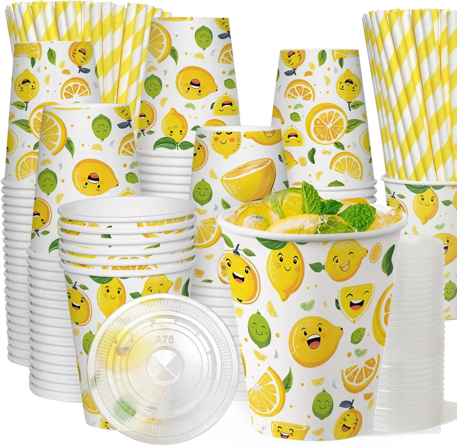 

100 Sets 300 Pcs 9 Oz Lemonade Cups With Lids And Drinking Straw, Lemonade Stand Supplies, Lemon Patterned Summer Cold D