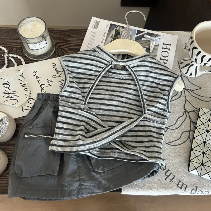 Girls Set 2025 Summer New Childrens Wear Korean Style Baby Girl Striped Vest Gray Cargo Culottes Two-piece Casual Simple Daily