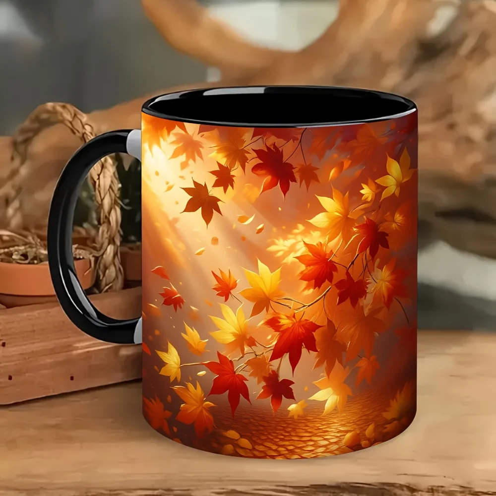 1pc, Autumn Sunlight Maple Leaf Theme Mug, Exquisite 2D Flat Pattern, Ceramic Cup, Coffee Cup, Multifunctional And Versatile, Fine Craftsmanship, Daily Use, Suitable for Coffee, Tea, Milk, Water, Souvenir, Anime Pattern, Festive Drinkware