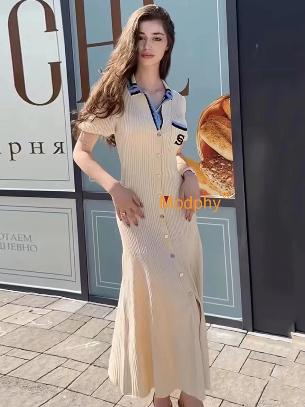 Modphy 2024 Elegant Slim Knitted Long Dress Women's Single breasted Long sleeved Designer Slim Vintage Dresses Autumn