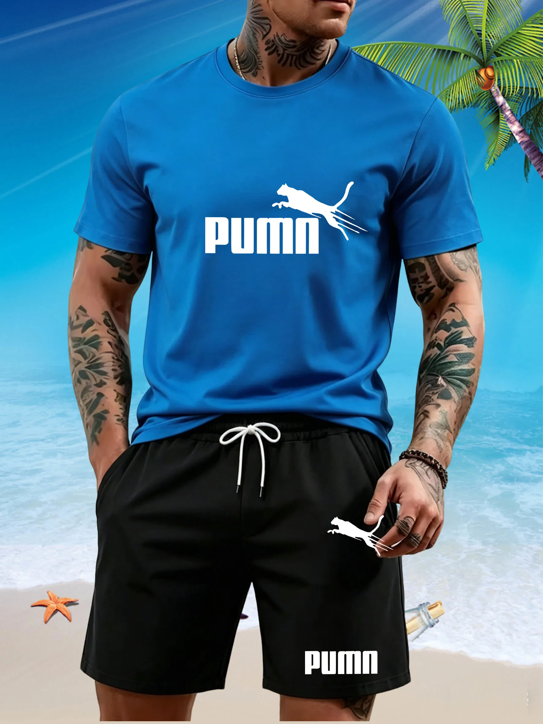 Men's quick-drying running T-shirt pants set, with a round neckline and elastic fabric. Suitable for both sports and casual wear view 3