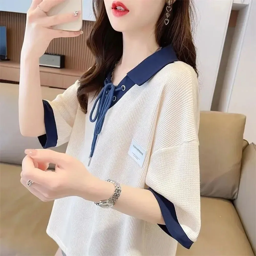 Women's T-shirt polo collar tie contrasting color Korean version Short sleeve loose small half sleeved summer Woman clothing top