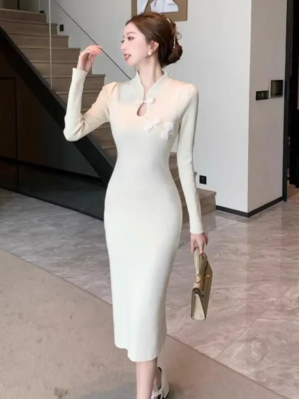 Improved Cheongsam Hip-Covering Dress, High-End Sexy Tight Long Skirt, Chinese Style Autumn Fashion Clothing For Women