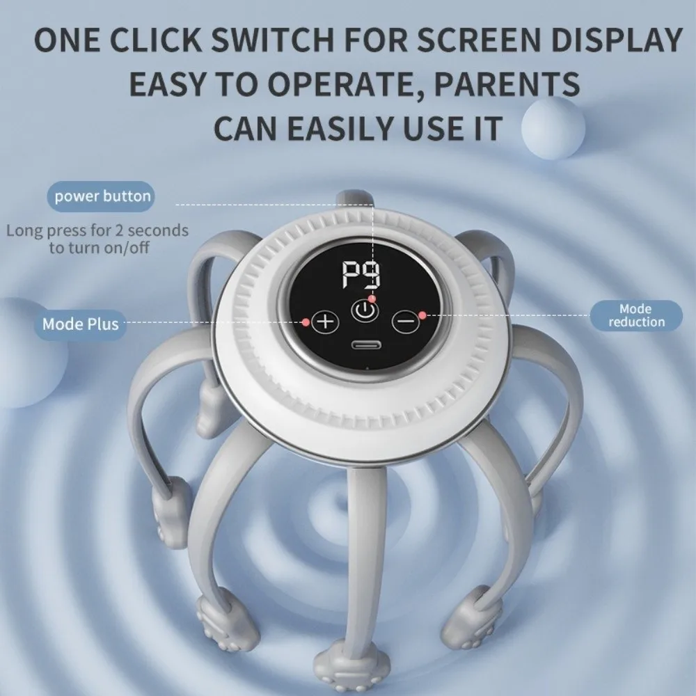Button Control Octopus Head Massager Vibration Device 8 Finger Tips Head Scalp Massager Rechargeable 360 Degree for 5V/500mAh