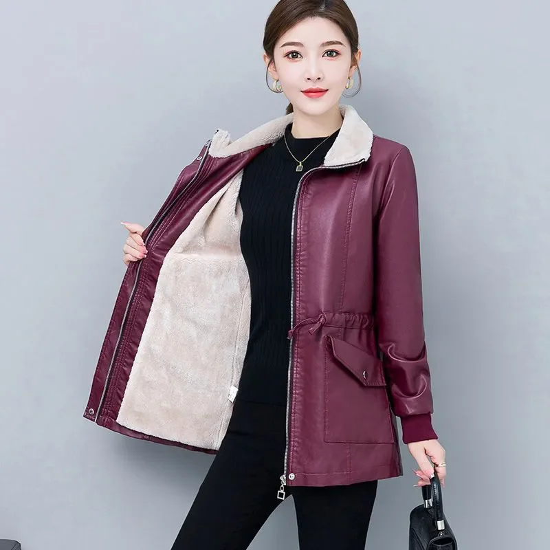 세련된 캐주얼 가죽 트렌치 코트 자켓 오버 코트 여성 플러스 벨벳 Thicke 따뜻한 파카 겨울 코트 새로운 느슨한 레이스 업 자전거 의류