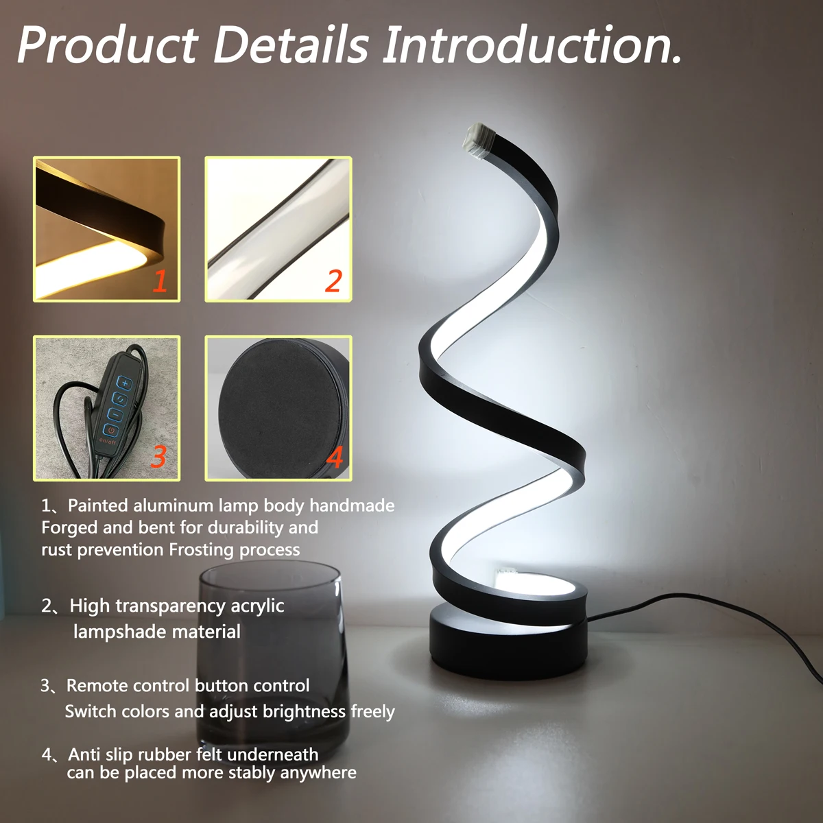 Modern minimalist spiral desk lamp, wire controlled three color LED ambient light, suitable for bars, cafes, bedrooms, and rooms