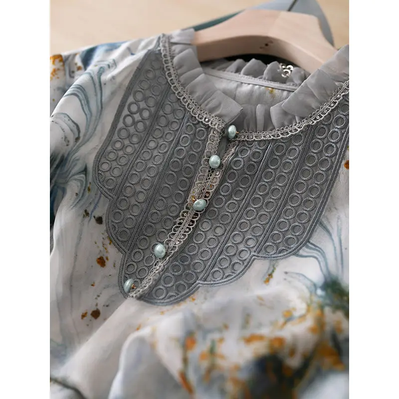 Vintage Print Chic Embroidery Ruffled Lantern Long Sleeve Shirt Spring New Elegant Fashion Loose Top Blouse Blusas De Mujer 2023