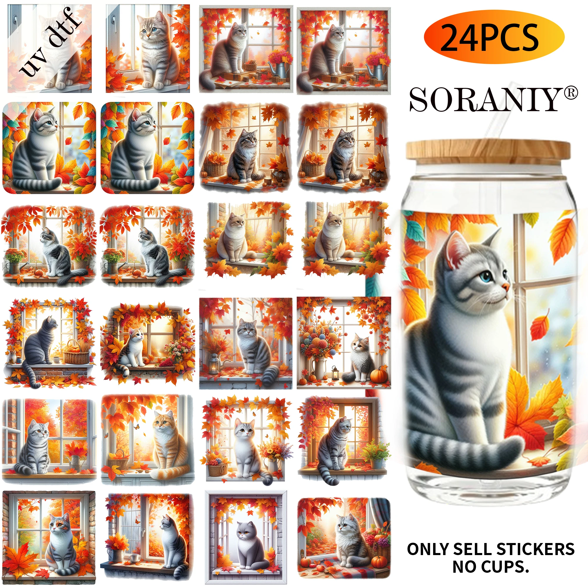 UV DTF Transfer Stickers - 24Pcs/Set Window Cute Autumn Cat Theme UV DTF 16OZ DIY Transfer Stickers