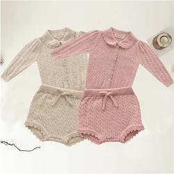 2024 New Fall Baby Girl Knitted Clothes Set Infant Cardigan Sweater Shorts 2pcs Clothing Sets Toddler Long Sleeve Lace Outfits