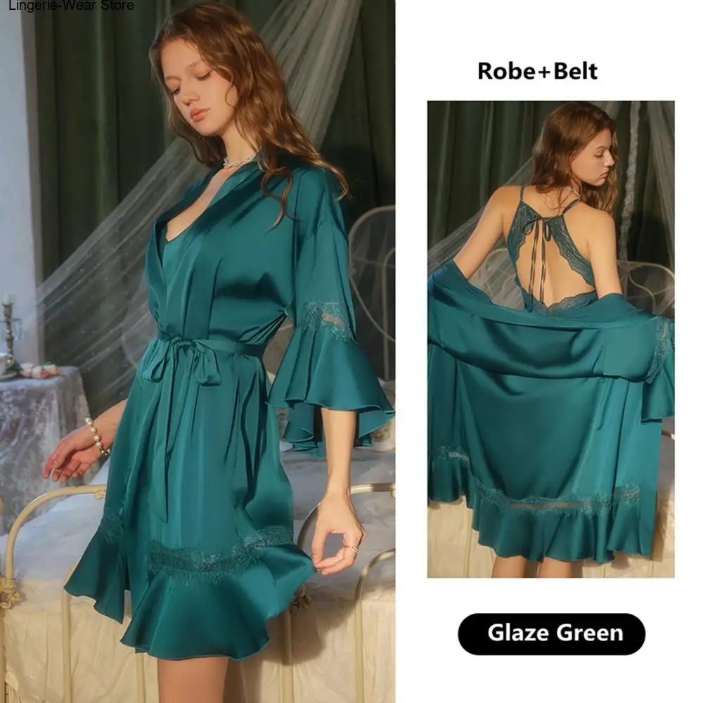 Elegant Ruffle Women's Robe Kimono Gown Sexy Hollow Out Lace Mujer Lingerie Nightgown Sleepwear Loose Silky Satin Home Dress 2