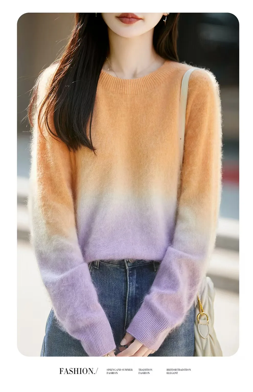 Lazy wind gradient brushed 100% pure cashmere sweater atmosphere long sleeve knitted cashmere