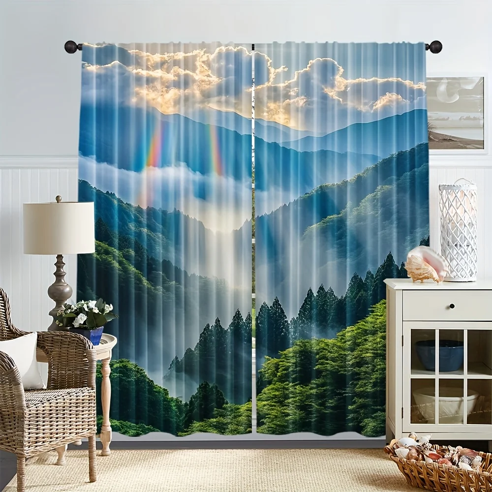 Forest and misty cloud curtains, pole-mounted installation. Suitable for living rooms, bedrooms, dining rooms, and hotels.