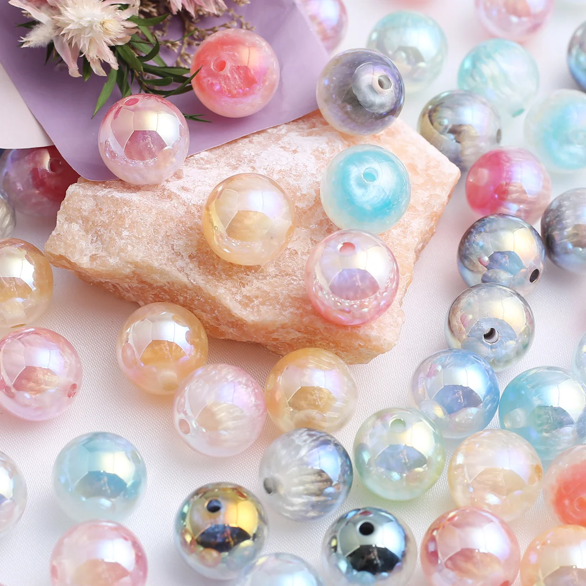 6/18pcs Random Color Acrylic Foil Inlaid Round Beads 16mm Aurora Loose Beads For DIY Necklace Earring Jewelry Making Supplies