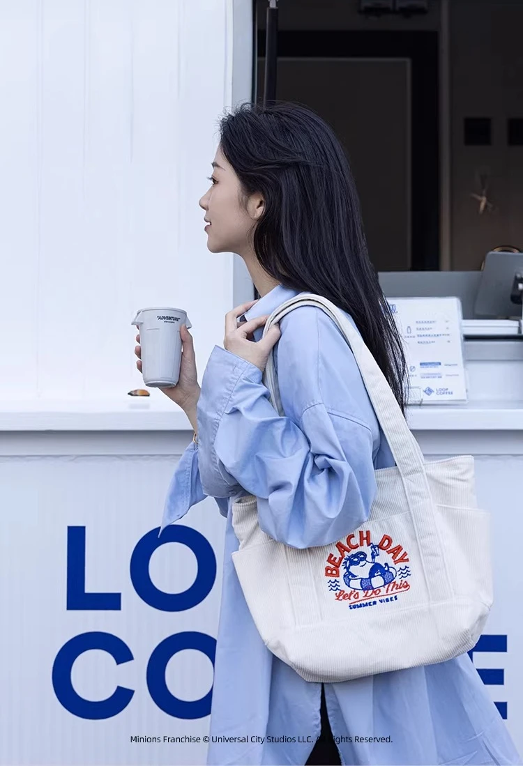 

Universal Studios Minions Summer Corduroy Tote Bag Women Commuter Shoulder Bag Cute Cartoon Casual Daily Large Capacity Shopper