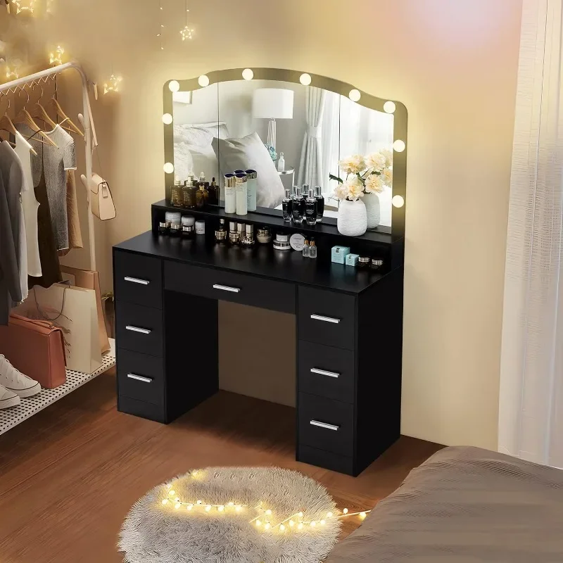 Vanity Desk with Large Lighted Mirror, Makeup Vanity Table with 7 Drawers & 10 Lights Bulbs, 3 Lighting Colors,