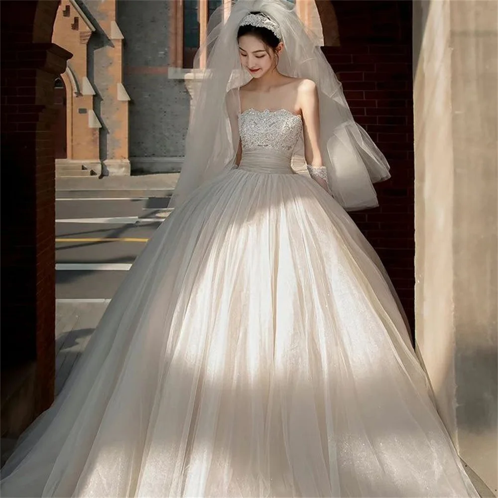 Classic Wedding Dresses A-Line Bridal Gowns Sequin Appliques Strapless Backless Robes For Party Vestidos Customized 073