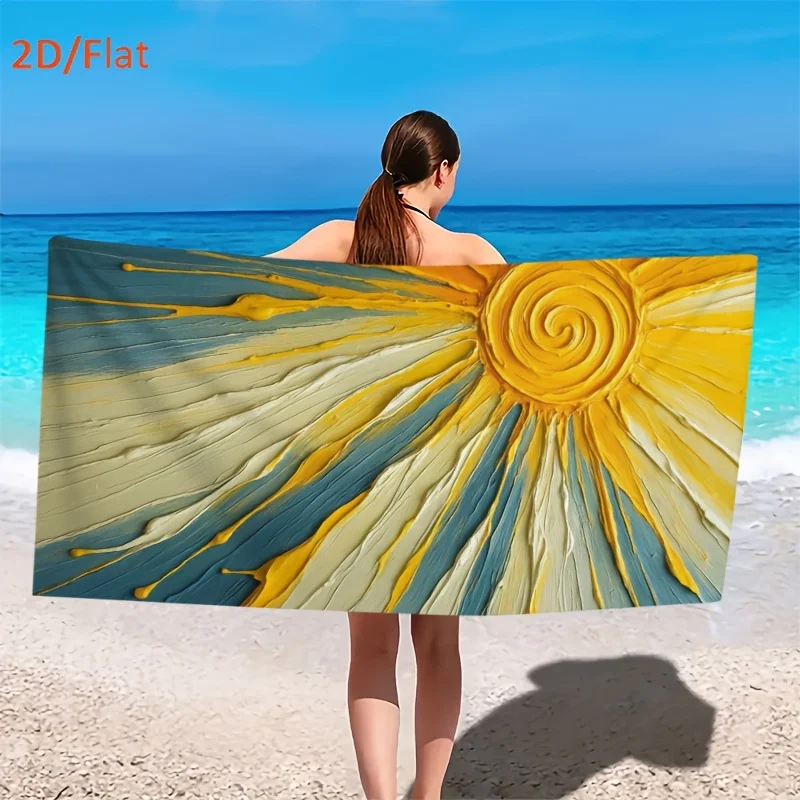 Abstract Sun Art Print Beach Towel 3D Textured Yellow Blue Swirl Sunlight Design Towel for Summer Pool Swimming Yoga