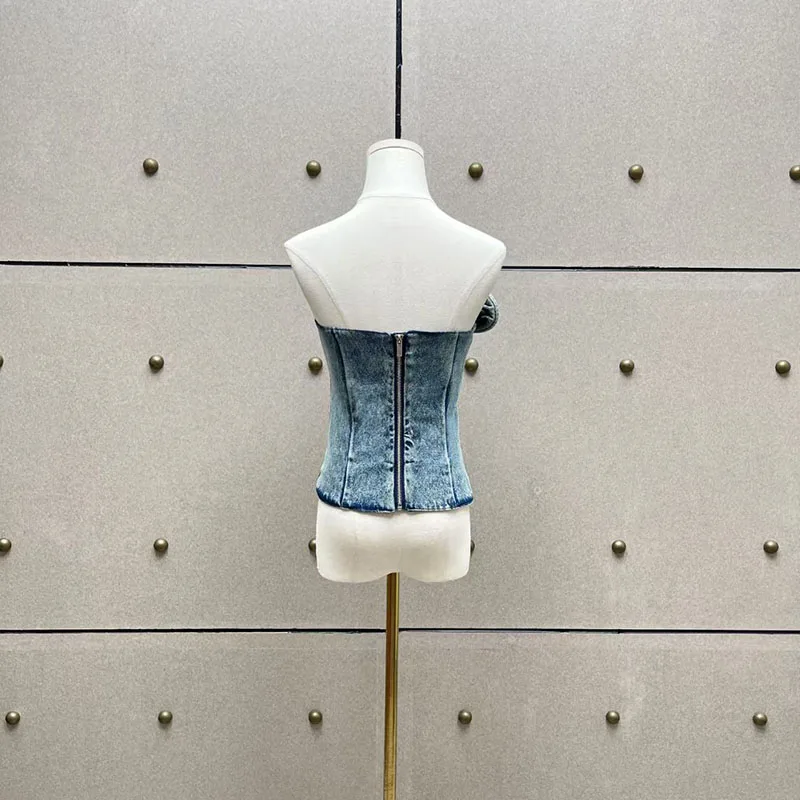 Women's washed denim halter top, sleeveless backless fitted tank top, high-quality 3D floral bodice, 2026, new style, Y2K