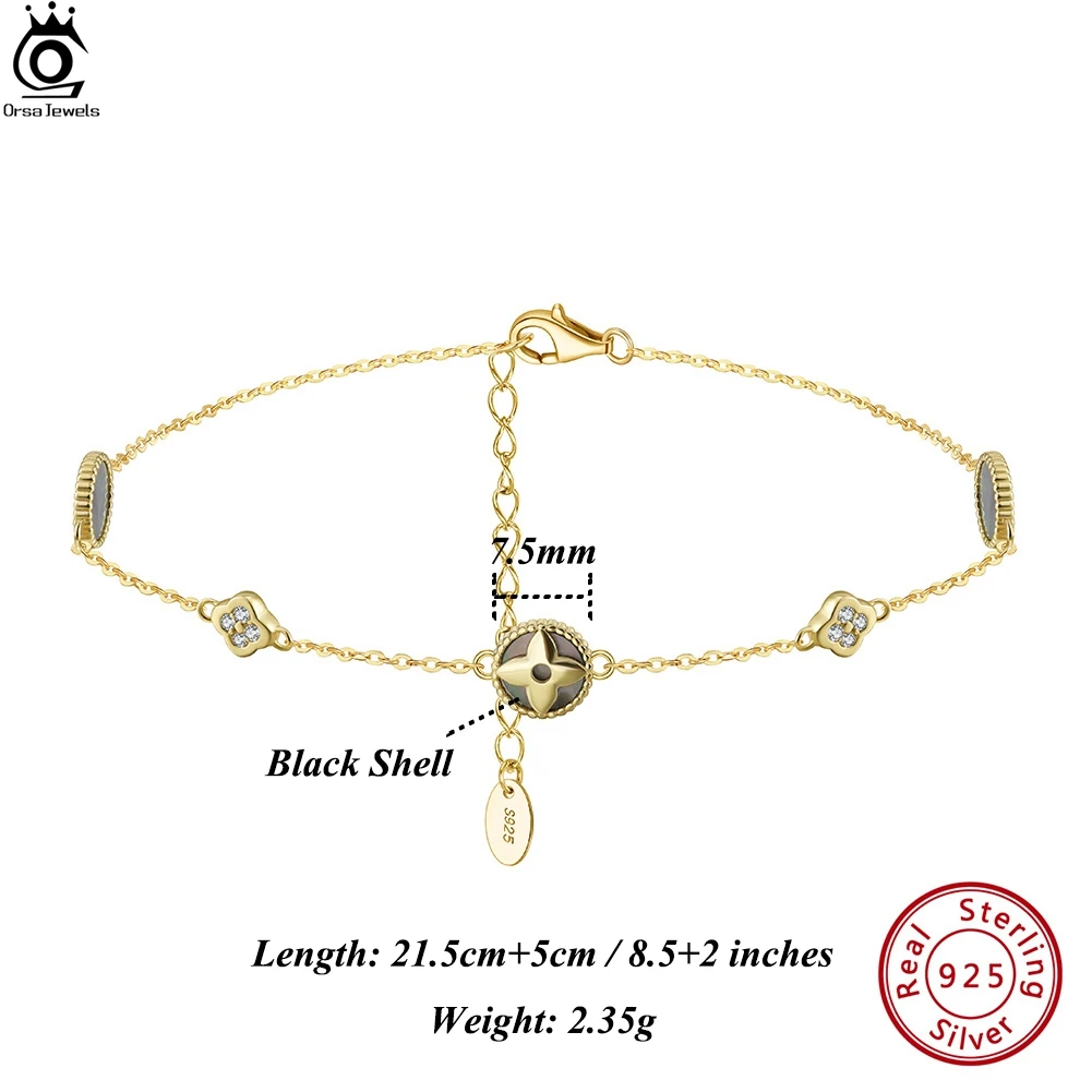ORSA JEWELS Four Leaf Clover Anklet 925 Sterling Silver With Blck Shell Strand & 5A Zirconia Ornament Summer Gift for Her GMA07