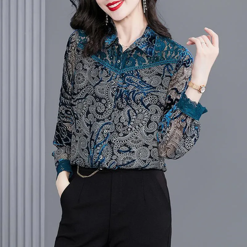 Autumn Vintage Printed Elegant Chic Sexy Lace Patchwork Office Lady Button Up Shirt High Quality Fashion Blouse Top Women Blusas