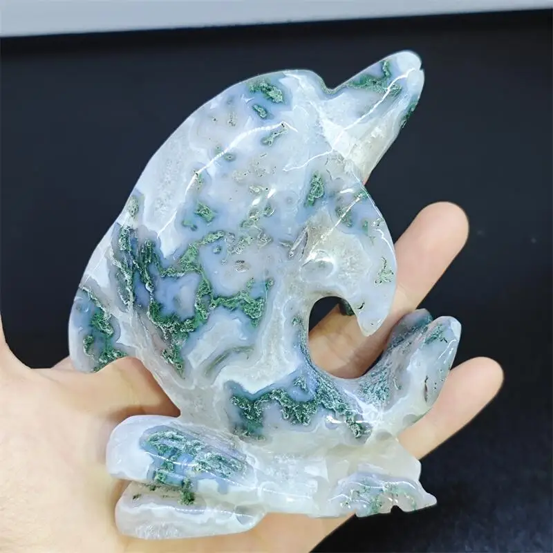 

Natural Moss Agate Dolphin Carving Statue Crafts Animal Polished Healing Figurine Home Ornament Gift 1PCS