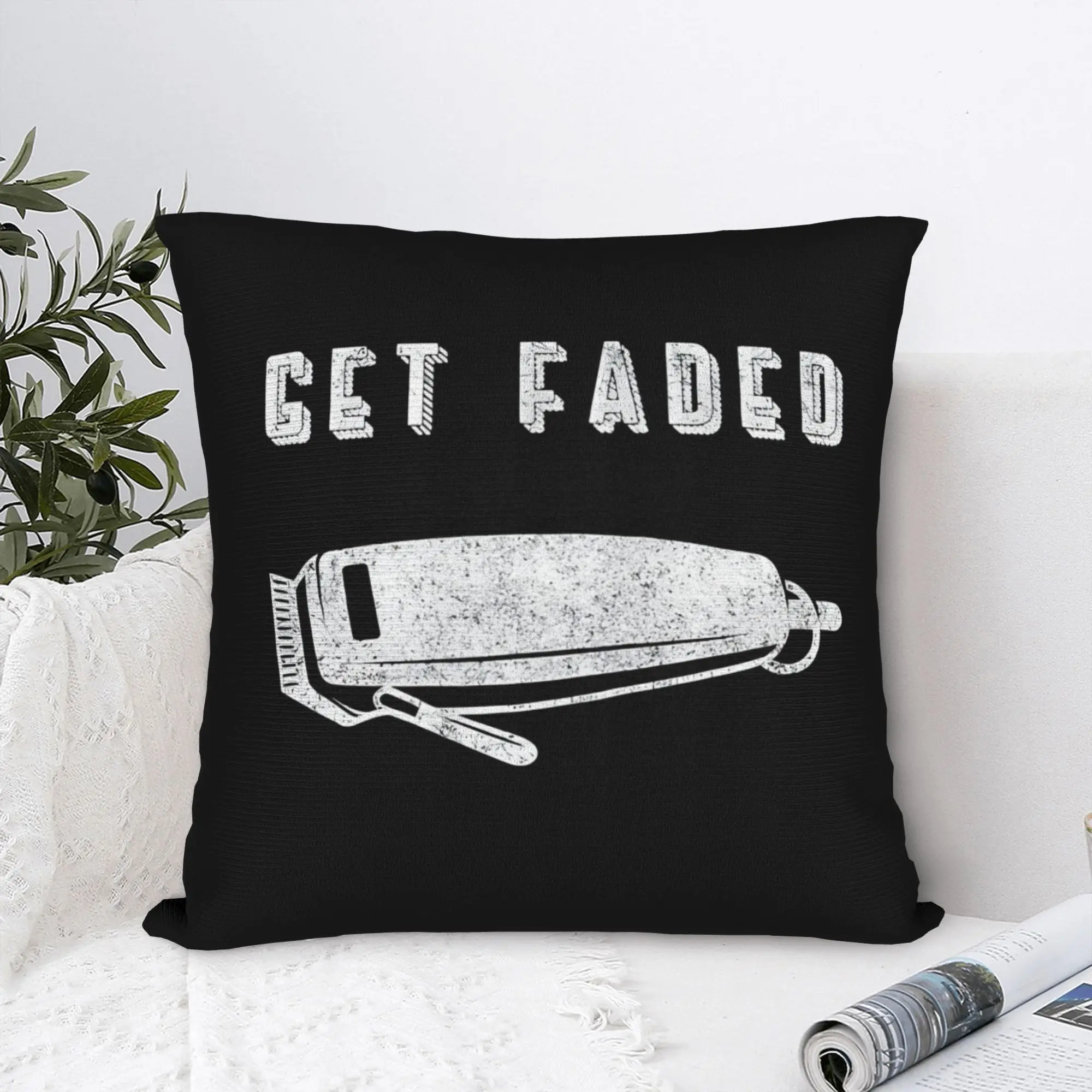 Barber Shop Pillowcase, Hair Clipper Print Cushion Cover, Get Faded Text Decor, Vintage Grooming Throw Pillow, Home Textile