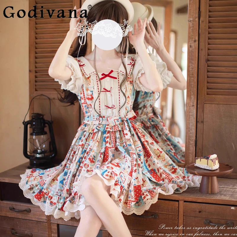 

Summer Lolita Style Retro Cute Dress Women Original Short Sleeve Lolita Sweet Patchwork Dress Female Summer Holiday Dress