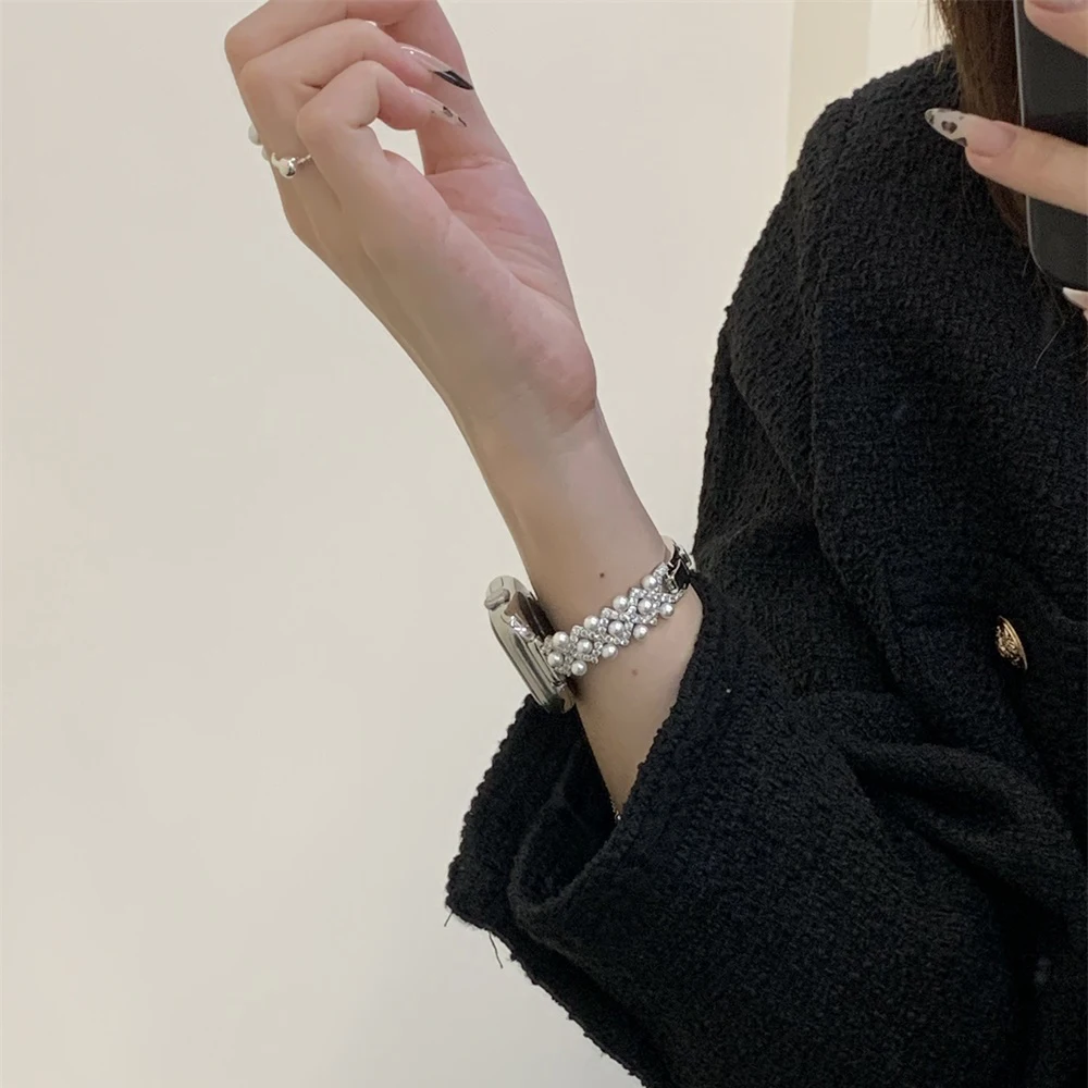 Роскошный ремешок с жемчугом и бриллиантами для IWatch Ultra 10 9 8 7 6 5 4 Женский ремешок с жемчужным браслетом для часов 38 40 мм 41 мм 42 мм 45 мм 46 мм 49 мм