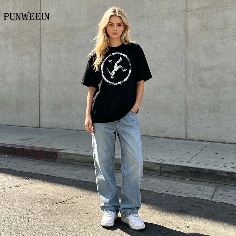 Men's and Women's Retro Ring Pattern Loose Short Sleeved T shirt Dark Gothic Style Pure Cotton Pullover Tops Daily Street Wear