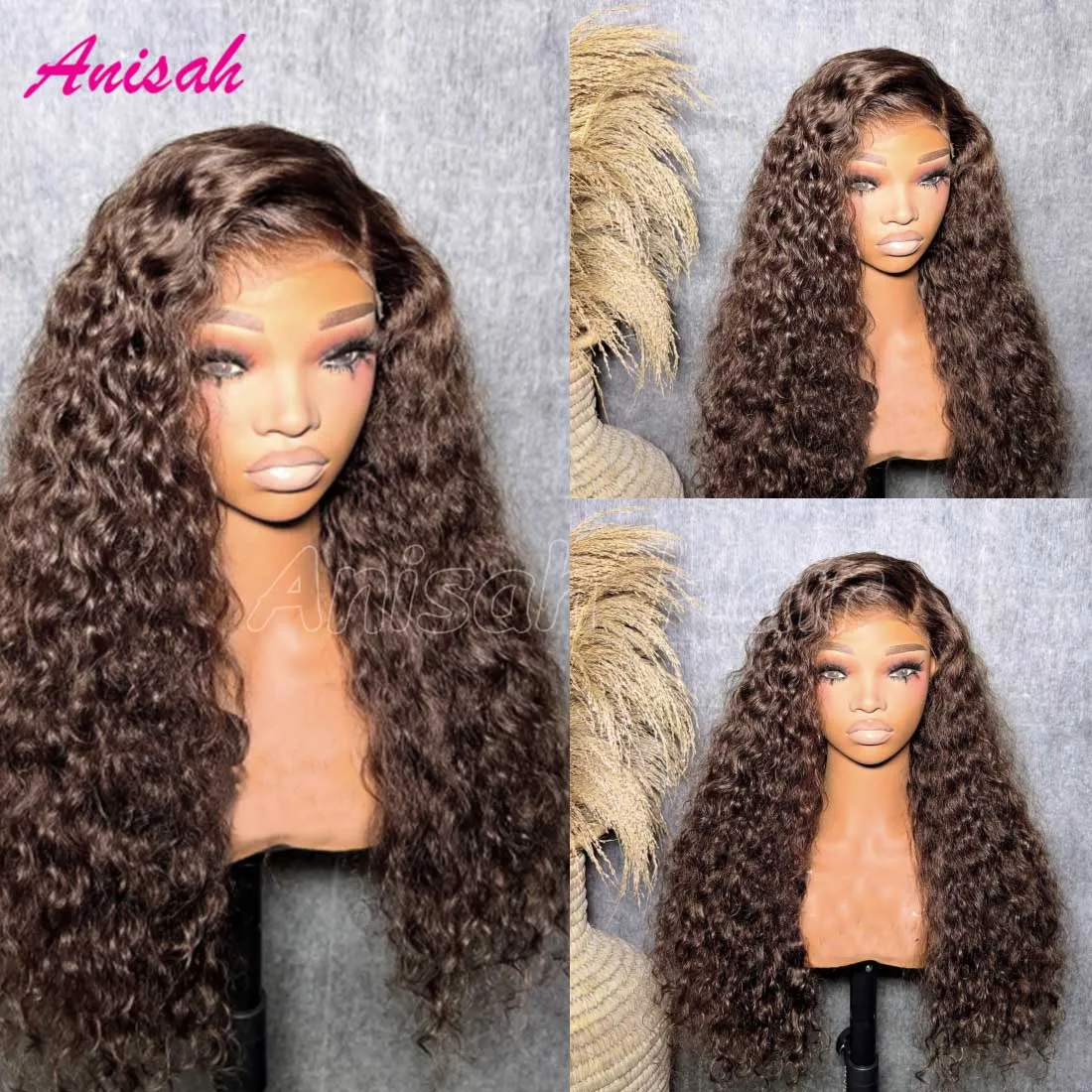 

Бразильские натуральные волосы, глубокие кудри, парик из человеческих волос, шоколадно-коричневый, 13x4, 13x6, парик с кружевной передней частью, окрашенный, с эффектом водной волны