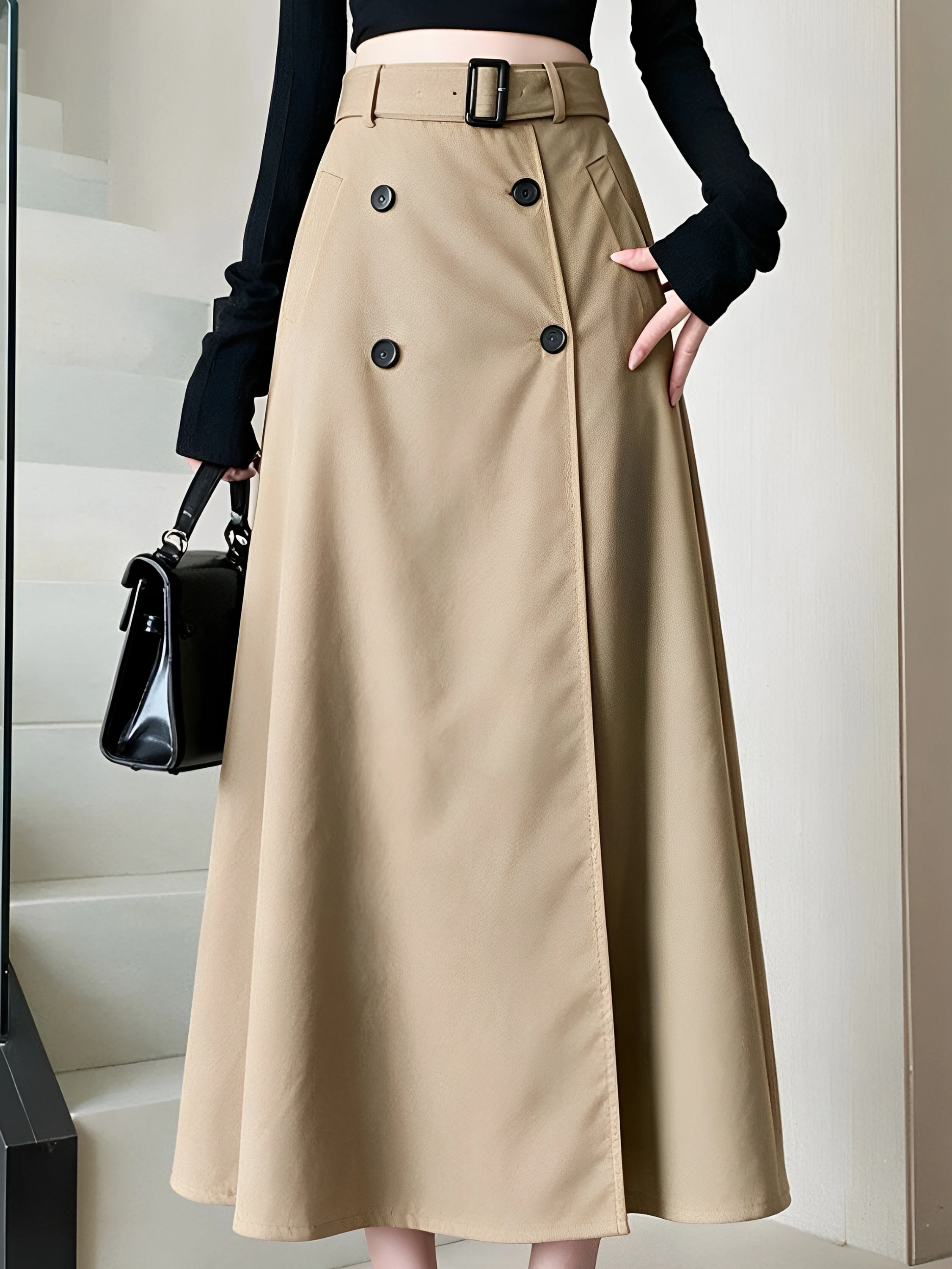 High Waist A-Line Midi Skirt Commute Coat Fabric Double Breasted Waist Belt Autumn Elegance Half Body Skirt Women's Fashion
