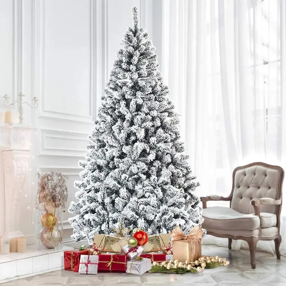 Snow Flocked Artificial Christmas Tree 7.5ft Hinged Indoor Outdoor Decoration White Eco-Friendly Lush Branch Tips Easy Assemble