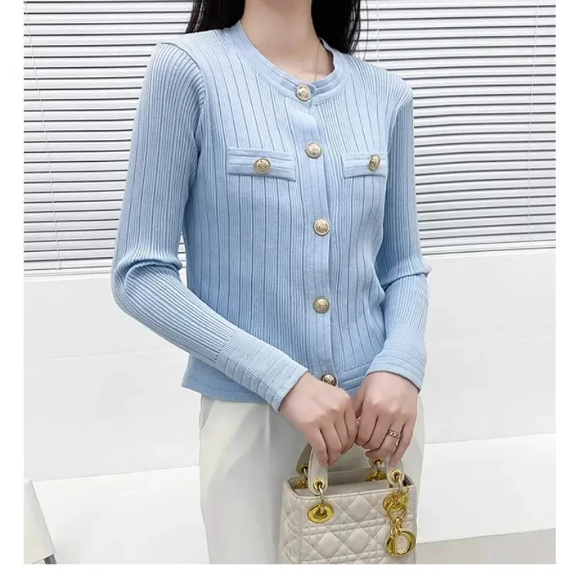 Chic Blue Knitted Cardigan Woman Gold Button Vintage Sweater Female Single-breasted Business Cropped Sweater Woman Tops