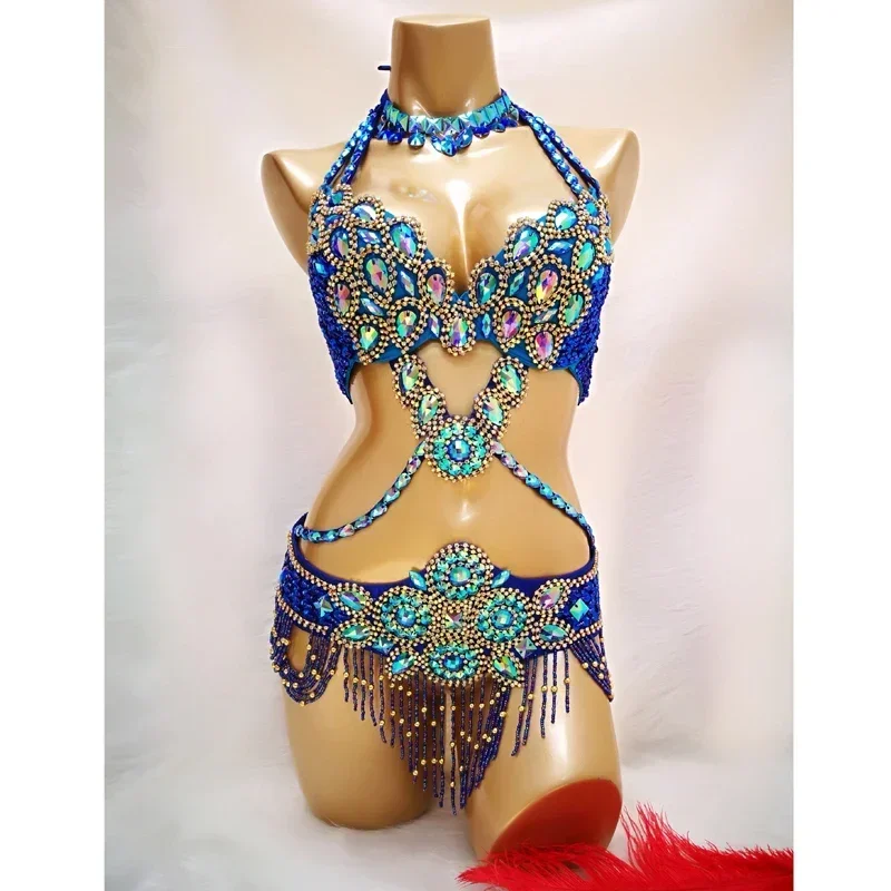 Traje de danza del vientre con cuentas de cristal para mujer, conjunto de 3 piezas, sujetador, cinturón y collar, ropa Sexy para danza del vientre