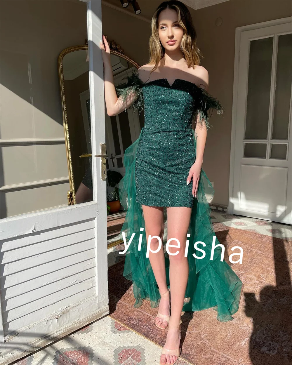 Customized Elegant Jersey Sequined Feather Ruched A-line Off-the-shoulder Long Dresses Prom Dresses Exquisite High Quality Sexy 