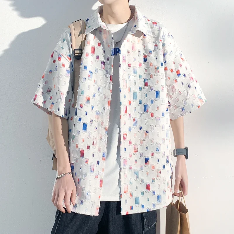 

Hawaiian men's shirt summer designer clothing colorful ripped tassel plaid shirt men's large size casual short sleeve shirt coat