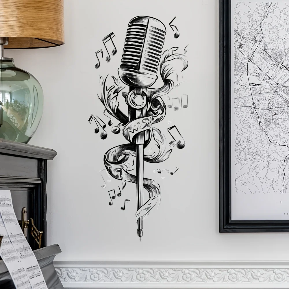 2D plane, 1 modern watercolor microphone wall sticker-self-adhesive, multi-surface music theme sticker, suitable for bedroom and