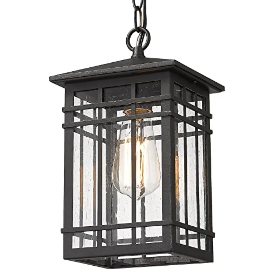 Outdoor Pendant Lighting, Exterior Pendant Lantern, Farmhouse Porch Hanging Lantern Lights with Seeded Glass in Black Finish, O