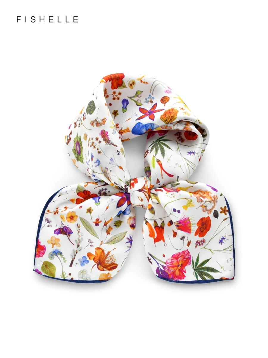 White Floral Print 100% Silk Scarf Women Wrap Neckerchief 50cm Twill Shawl Spring and Autumn Square Scarf Luxury Gift