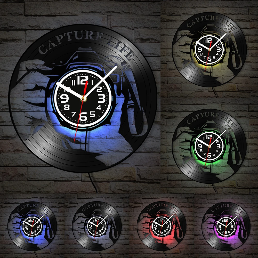 Photographer Camera Vinyl Record Wall Clock Silent Non‑Ticking Clock Capture Life Vintage Wall Art Decor For Photography Lovers