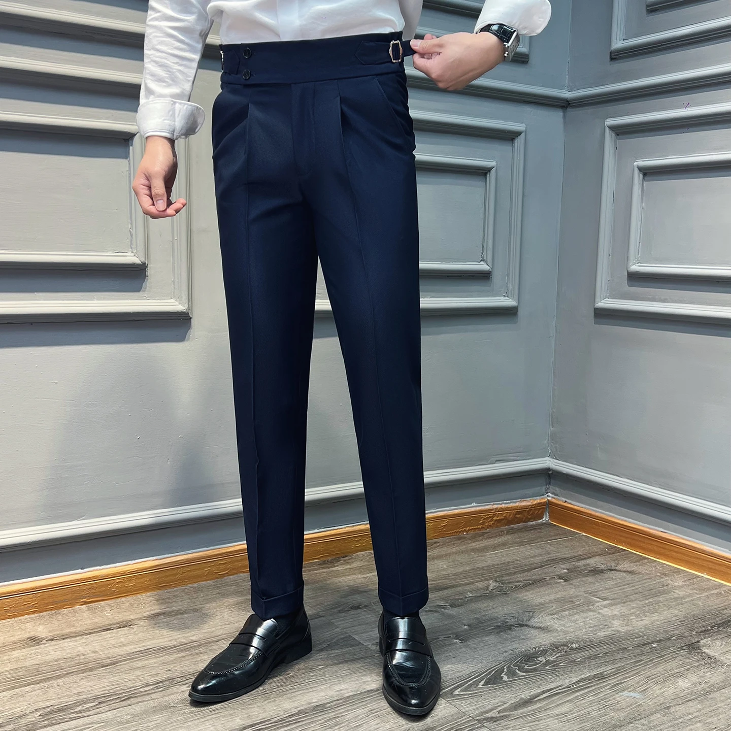 Celana Panjang Pria Model Italia Naples High Waisted Straight Berkualitas Tinggi Warna Solid untuk Bisnis Kasual Formal Kantor dan Acara Sosial