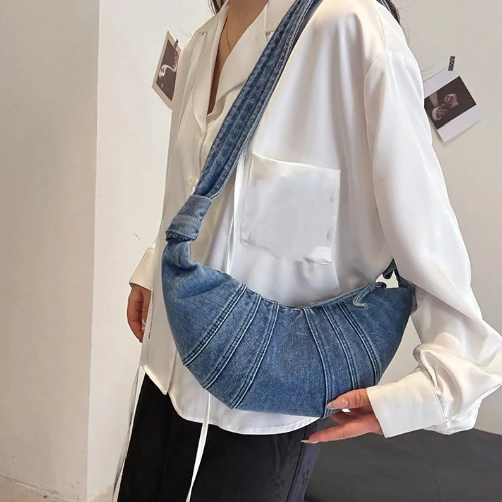 

Модная винтажная сумка через плечо с круассаном, однотонная джинсовая холщовая сумка большой вместимости, повседневная сумка, джинсовая холщовая сумка для девочек