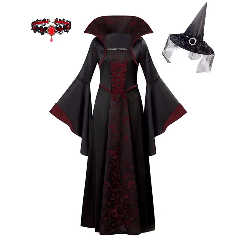 Kids Girl Vampire Queen Character Cosplay Costume Gothic Black Red Long Gown for Halloween Holiday Theme Party