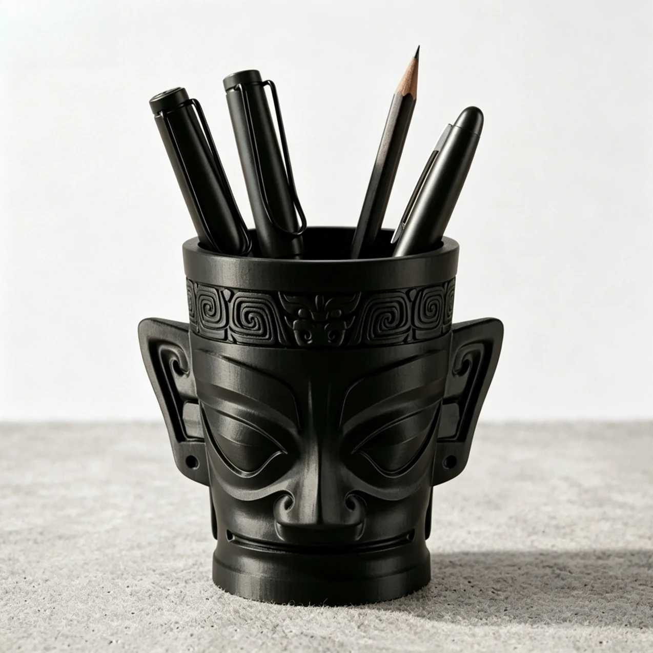 Retro 3D Printed Pencil Organizer Bronze Mask Pen Holder Creative Desktop Organizer Pen Stand Home Office Art Desk Decor Gift