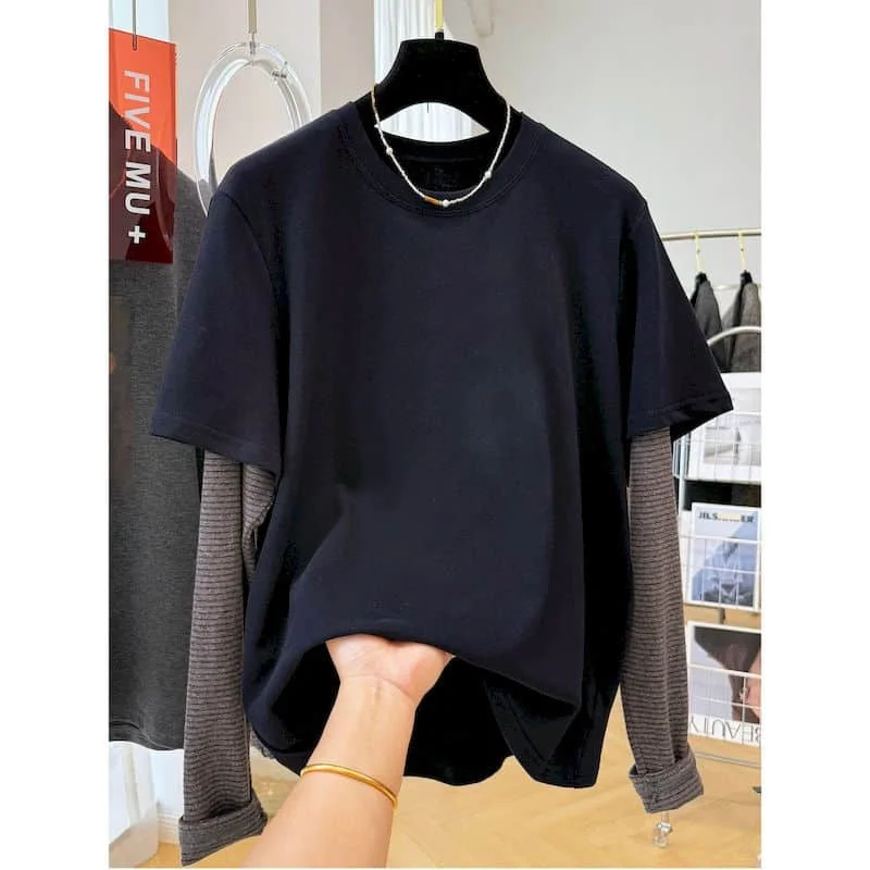 O-neck T-shirts Velvet Fleece Striped Fake Two-piece Tops Vintage Casual Korean Style Long Sleeve 2026 Autumn Women Clothing