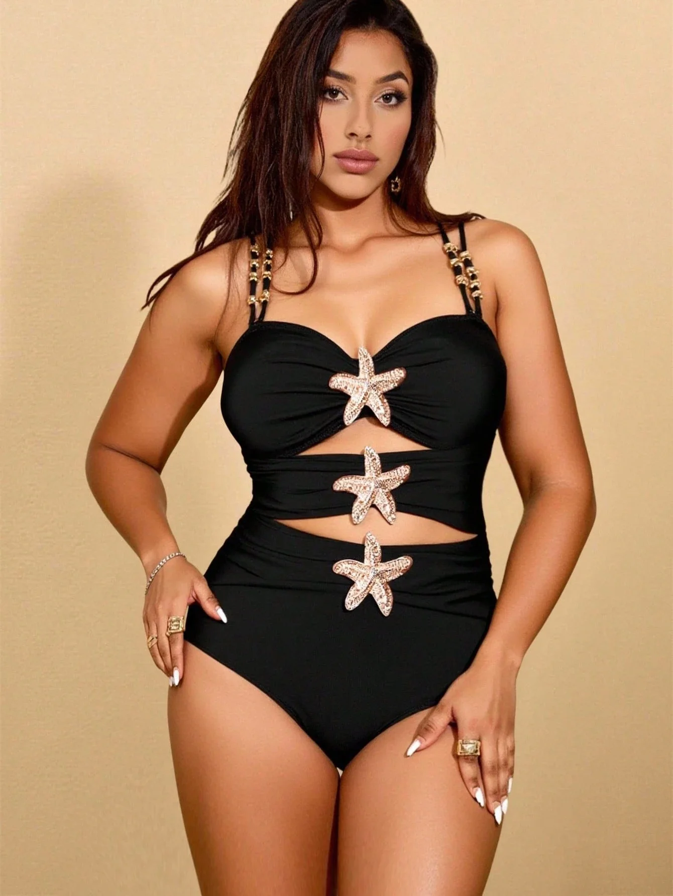 Black One-Piece Swimsuit With Starfish Decor Plus Size Beach Swimwear