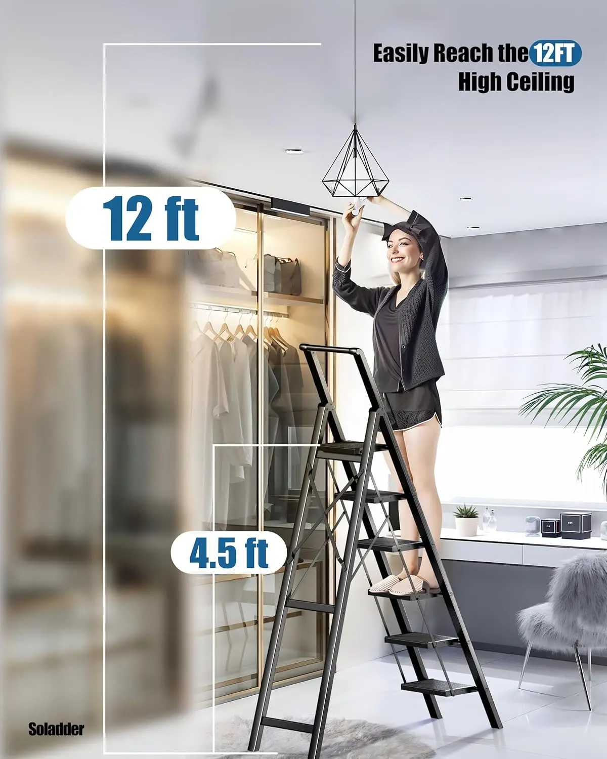 6 Step Ladder for 12 Feet High Ceiling, Folding Step Stool with Handgrip & Anti-Slip Wide Pedal, Portable Lightweight Aluminum