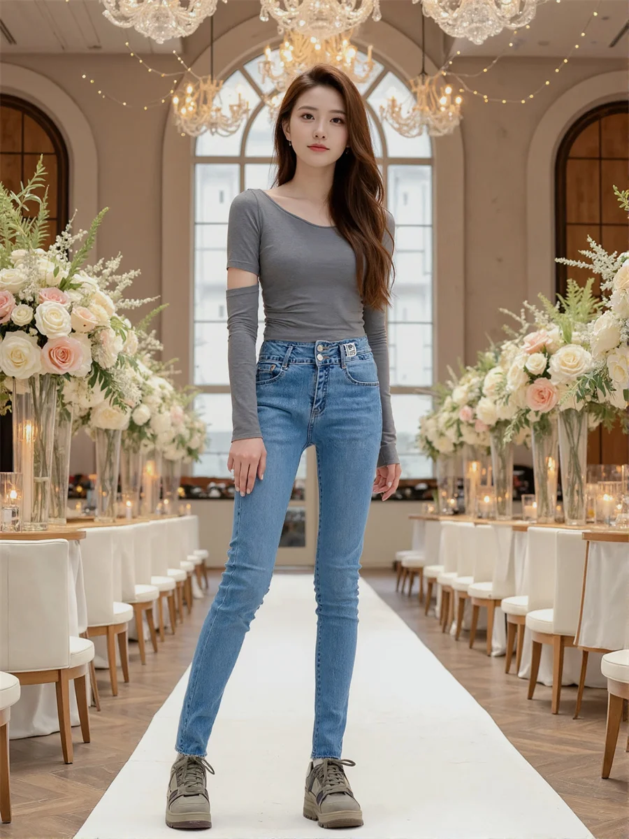 

Skinny Slim Blue Jeans Womens Lightweight Material Casual Fashion Denim Female Pants Lady Vintage Style Streetwear Comfortable