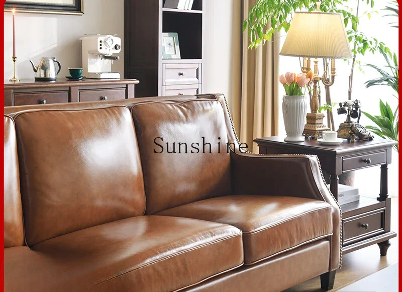 Retro leather sofa American rivet living room straight sofa