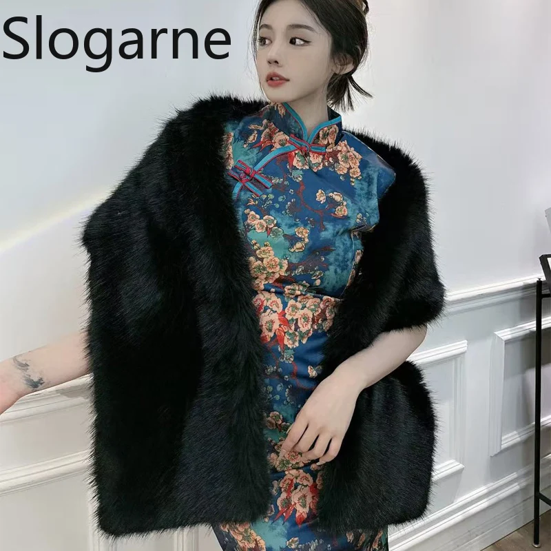 

Модные накидки из искусственного меха для женщин: элегантный меховой шарф длиной 180 см, толстая пушистая шаль, роскошные меховые шарфы, декор для плеч в стиле косплей